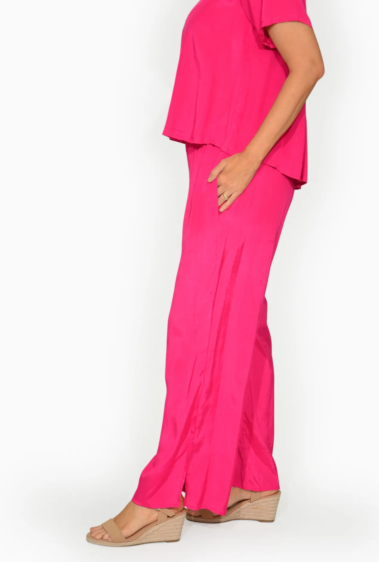 Escape Ryan Rayon Wide Leg Pant in Fuchsia Pink-Women Womens Pants