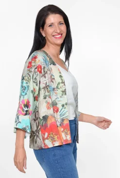 Orientique Sakura Rayon Short Kimono in Sage Floral- Long Sleeved Tops