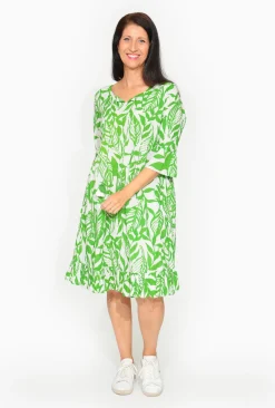 Orientique Sasha Cotton Ruffle Sleeve Midi Dress in Green- Organic Cotton Clothing