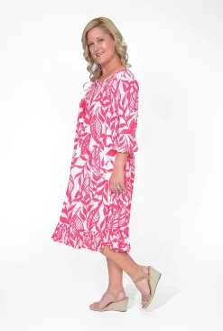 Orientique Sasha Cotton Ruffle Sleeve Dress in Pink- Long Sleeved Dresses | Knee Length Dresses