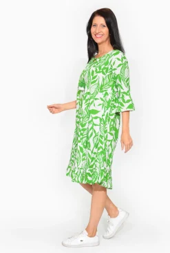 Orientique Sasha Cotton Ruffle Sleeve Midi Dress in Green- Organic Cotton Clothing