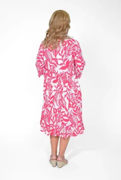 Orientique Sasha Cotton Ruffle Sleeve Dress in Pink- Long Sleeved Dresses | Knee Length Dresses