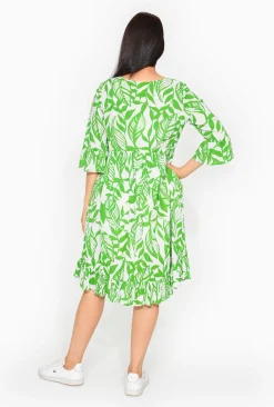 Orientique Sasha Cotton Ruffle Sleeve Midi Dress in Green- Organic Cotton Clothing