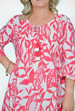 Orientique Sasha Cotton Ruffle Sleeve Dress in Pink- Long Sleeved Dresses | Knee Length Dresses