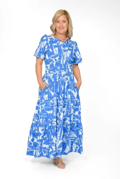 Orientique Scarlett Organic Cotton Short Sleeve Maxi Dress in Blue- Short Sleeved Dresses | Cotton Dresses