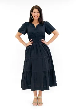 Orientique Scarlett Organic Cotton Short Sleeve Maxi Dress in Black- Short Sleeved Dresses | Cotton Dresses