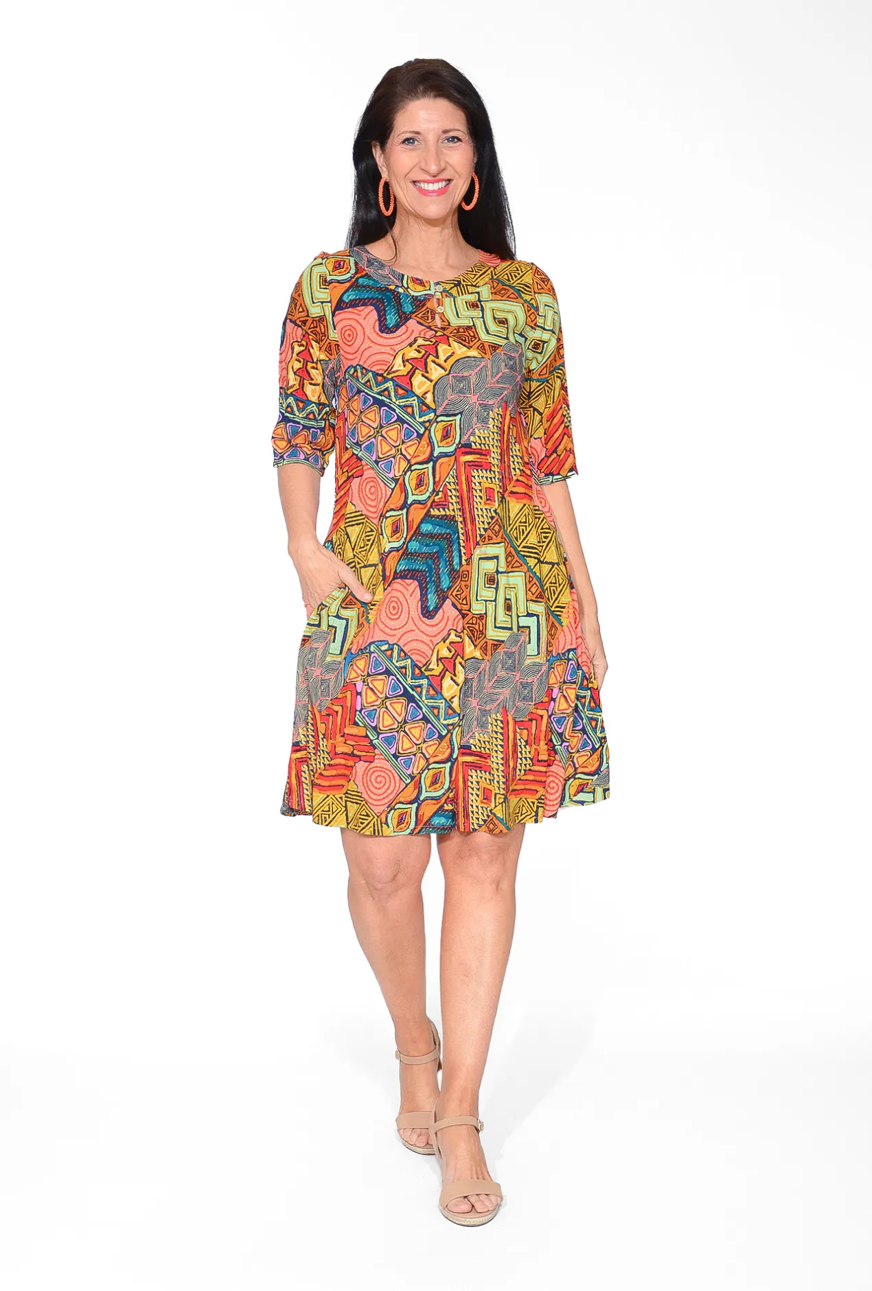 Orientique Shanae Rayon Elbow Sleeve Dress in- Above Knee Dresses | Sleeved Dress