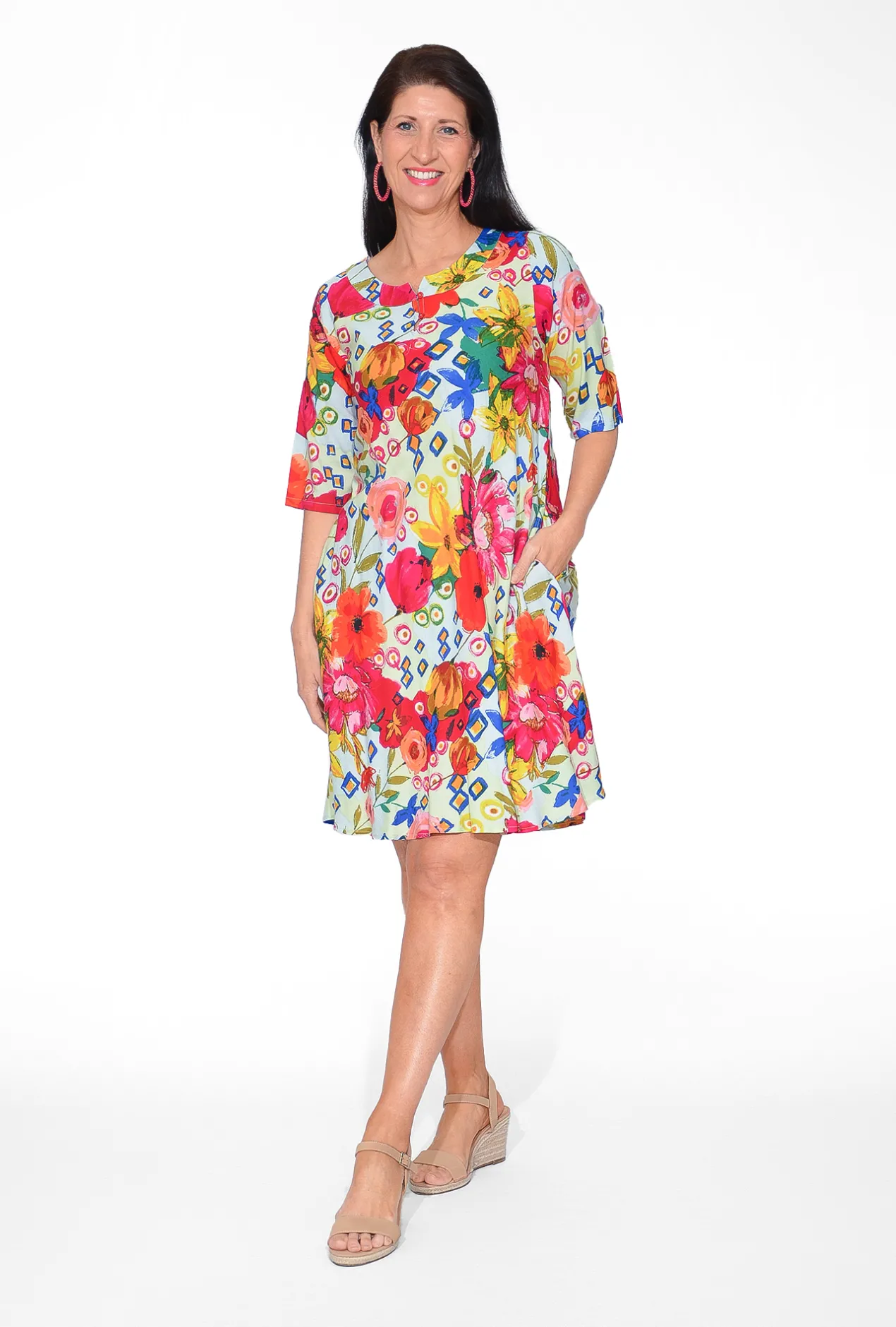 Orientique Shanae Rayon Elbow Sleeve Dress in- Above Knee Dresses | Sleeved Dress