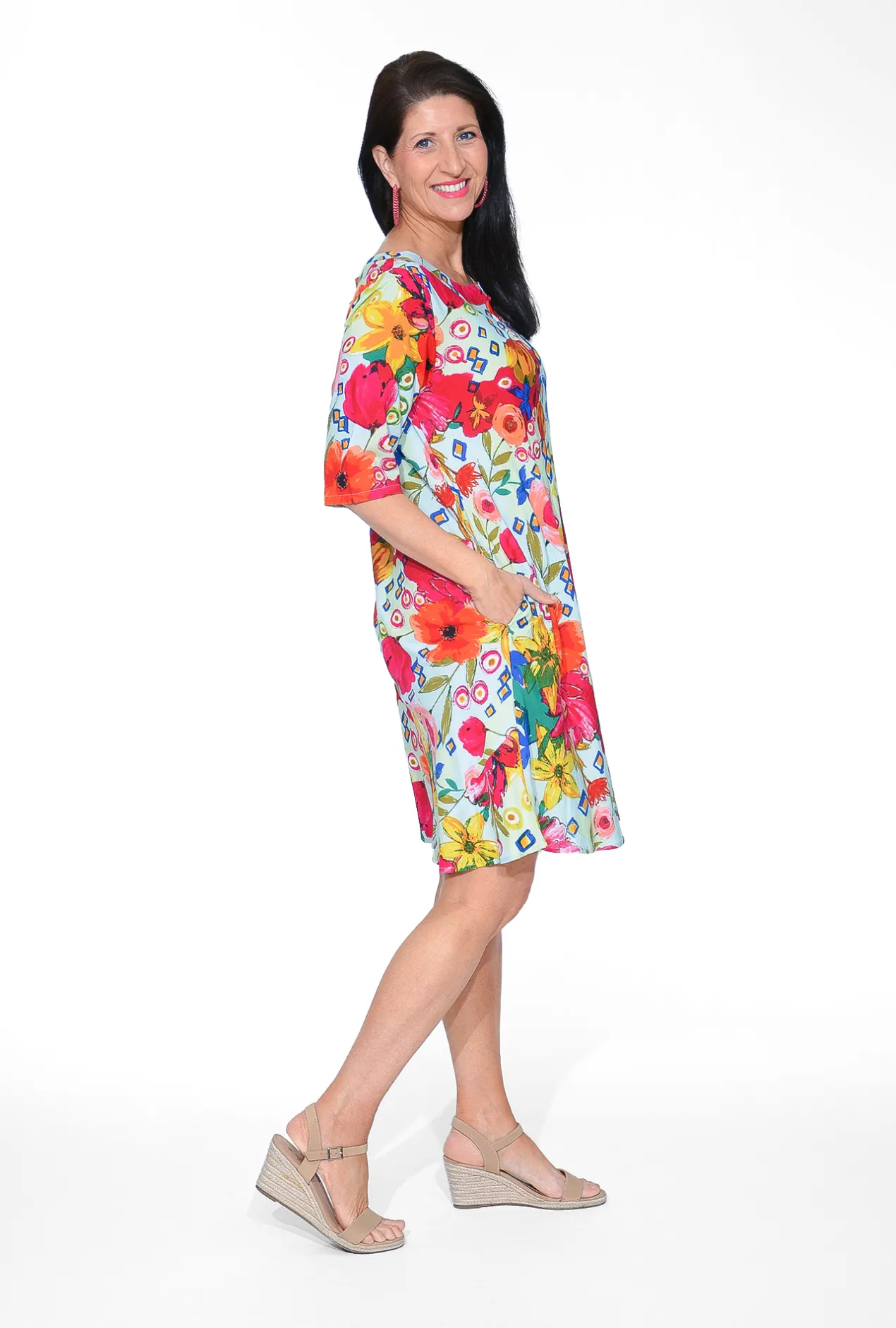 Orientique Shanae Rayon Elbow Sleeve Dress in- Above Knee Dresses | Sleeved Dress