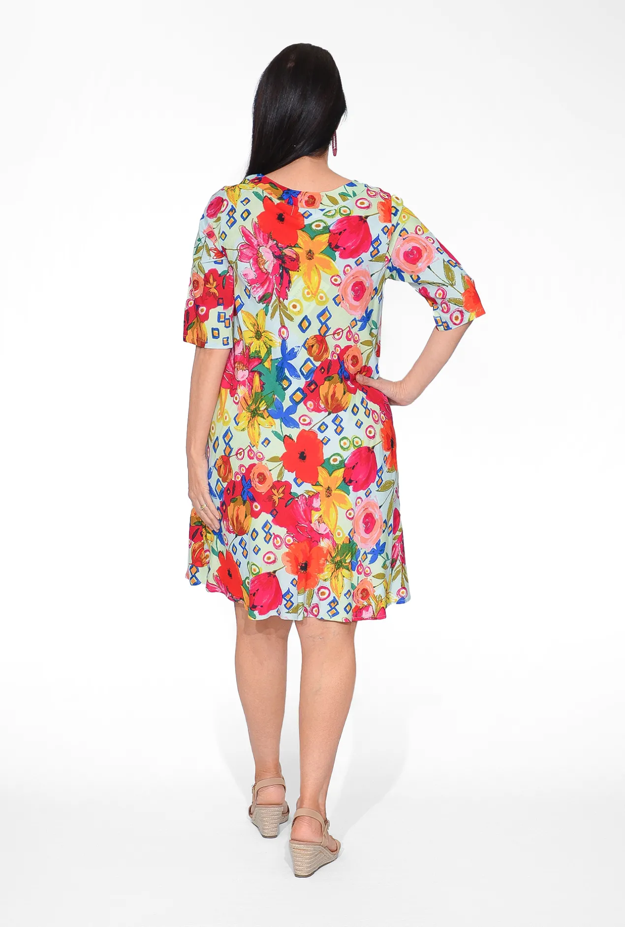 Orientique Shanae Rayon Elbow Sleeve Dress in- Above Knee Dresses | Sleeved Dress