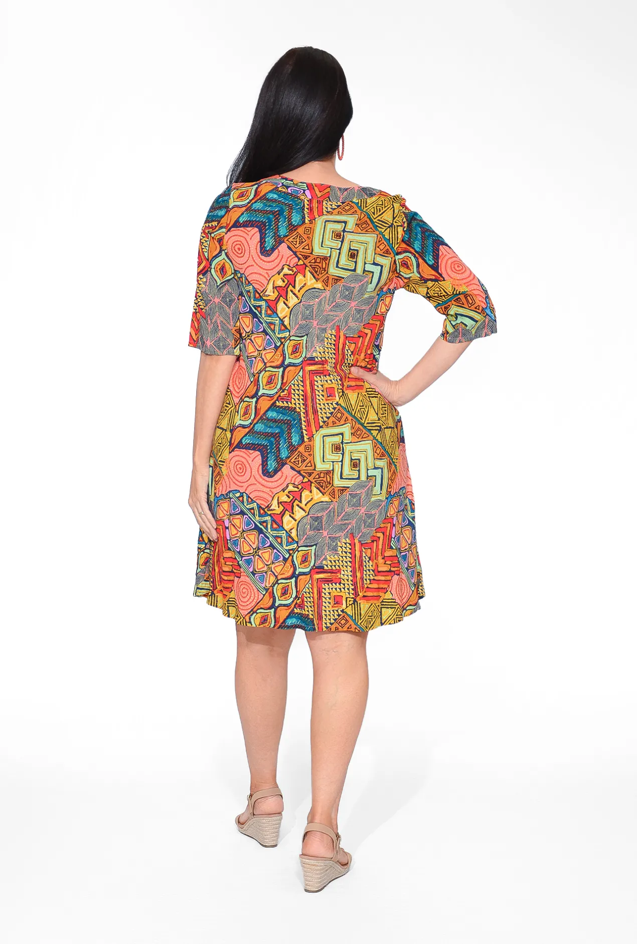 Orientique Shanae Rayon Elbow Sleeve Dress in- Above Knee Dresses | Sleeved Dress