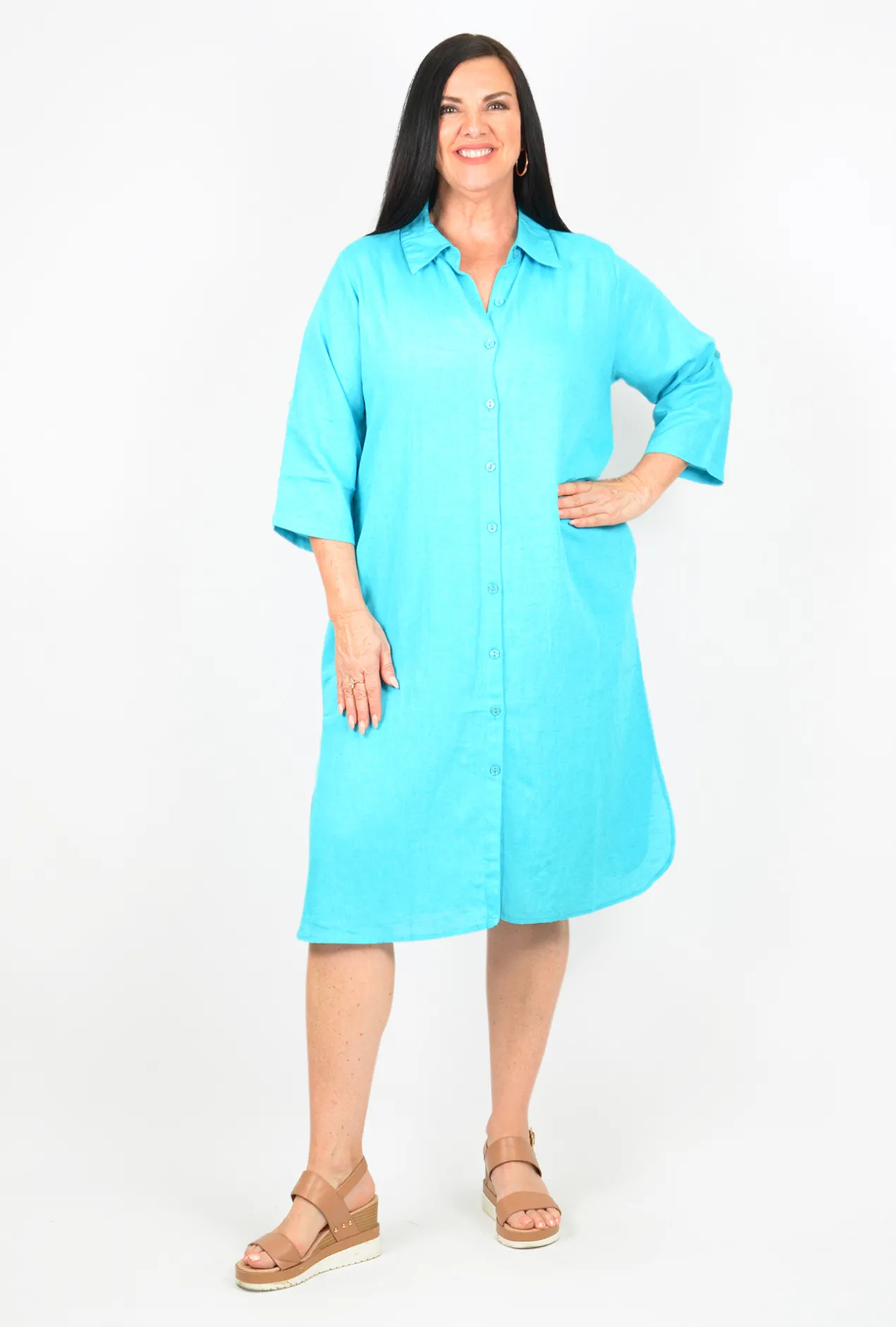 One Summer Sofia Button Down Long Sleeve Shift Dress in- Long Sleeved Dresses | Knee Length Dresses