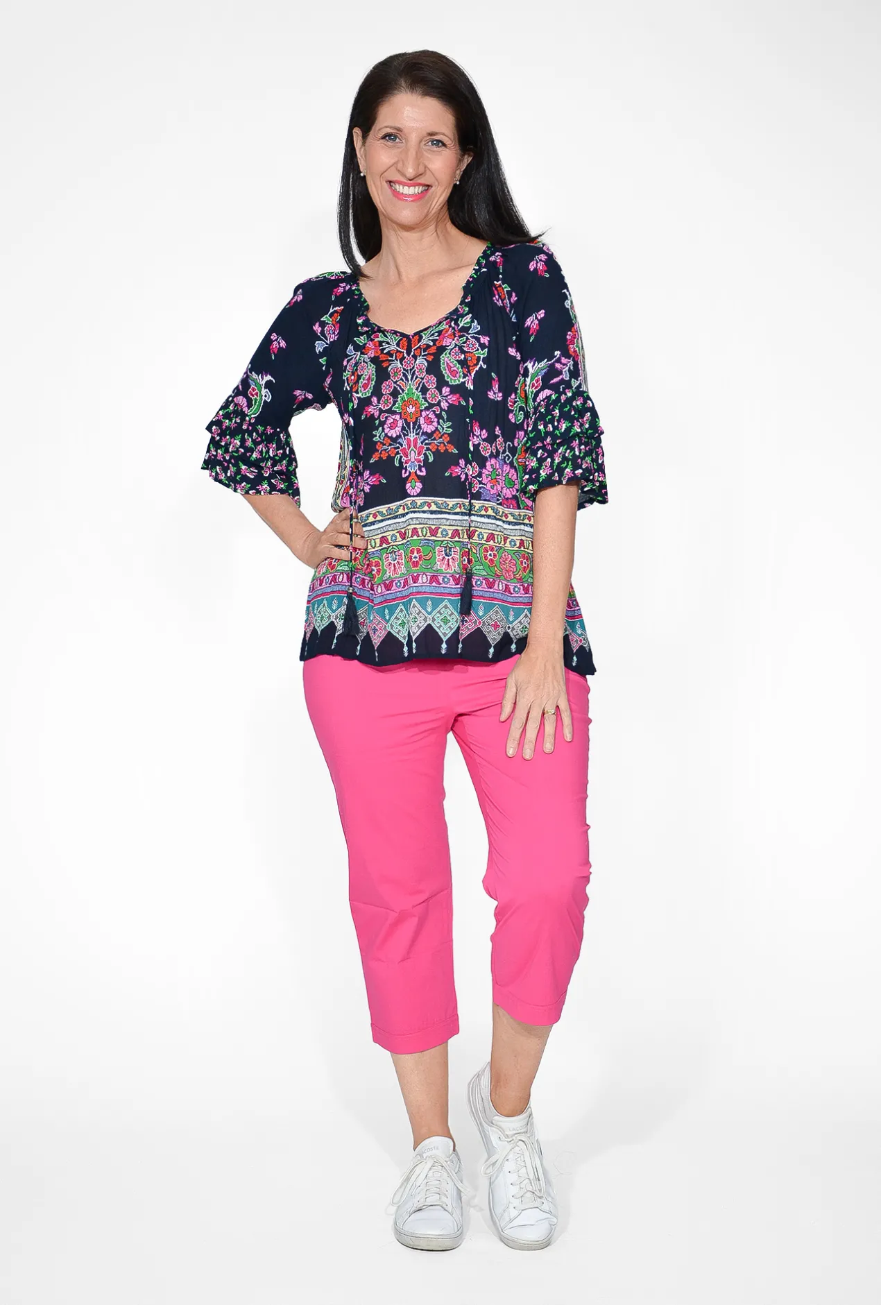 Orientique Sonya Crepe Rayon Long Sleeve Blouse in Midnight Blue- Long Sleeved Tops | 3/4 Sleeve Tops