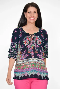 Orientique Sonya Crepe Rayon Long Sleeve Blouse in Midnight Blue- Long Sleeved Tops | 3/4 Sleeve Tops