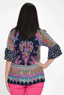 Orientique Sonya Crepe Rayon Long Sleeve Blouse in Midnight Blue- Long Sleeved Tops | 3/4 Sleeve Tops