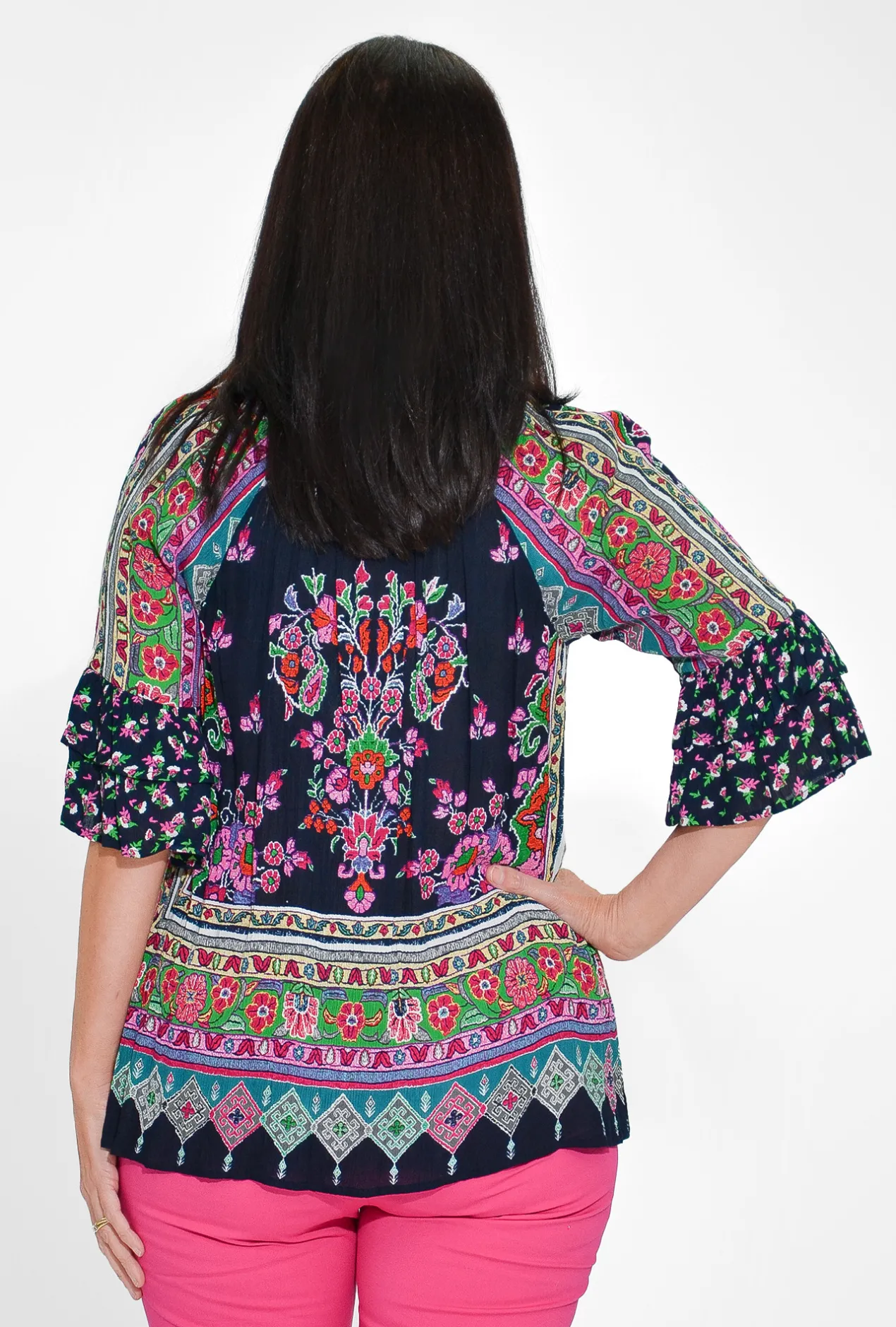 Orientique Sonya Crepe Rayon Long Sleeve Blouse in Midnight Blue- Long Sleeved Tops | 3/4 Sleeve Tops