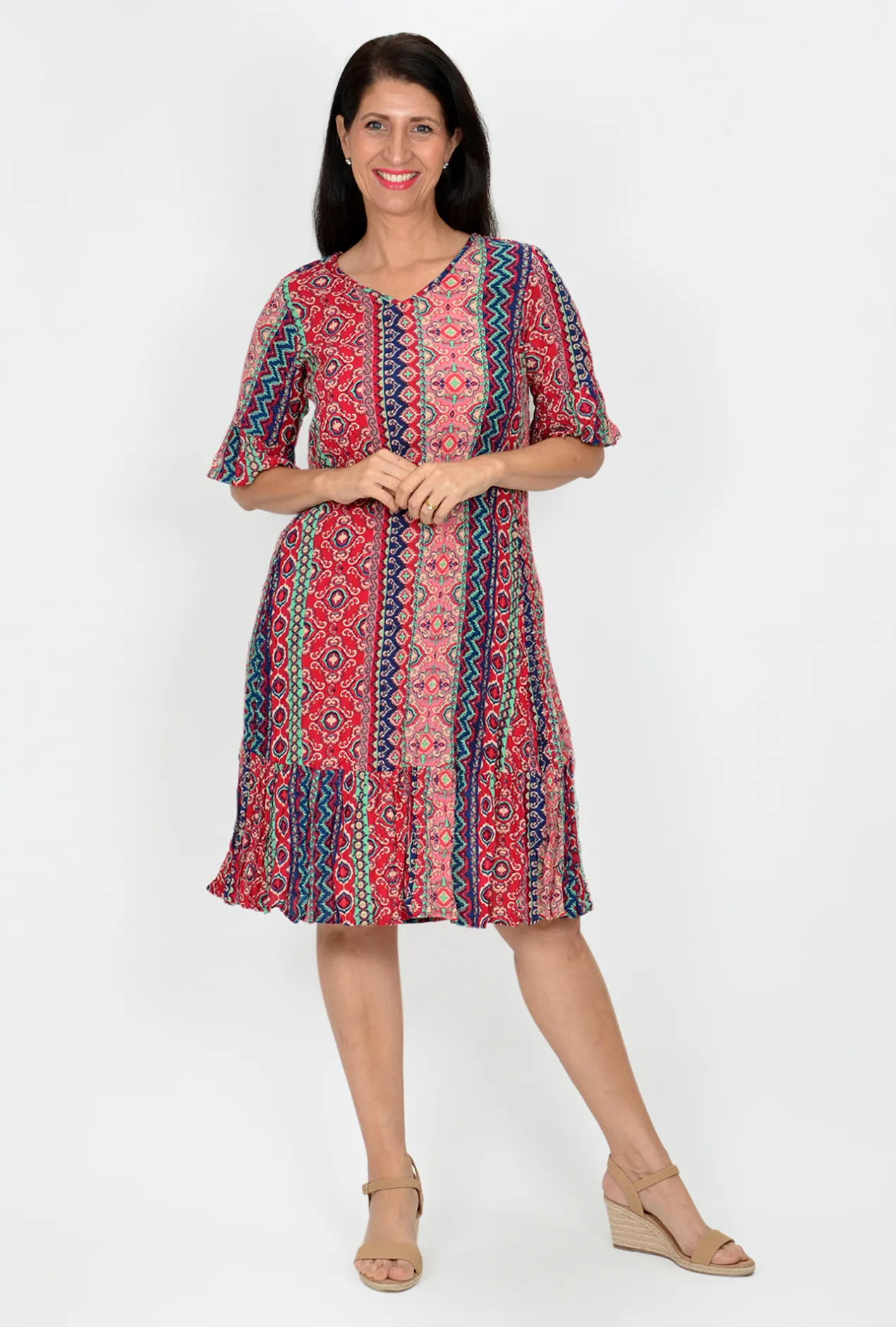 One Summer Stephy Short Sleeve Crepe Rayon Dress in Red Stripes- Knee Length Dresses | Short Sleeved Dresses