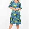 One Summer Stephy Short Sleeve Crepe Rayon Dress in Blue Multi- Knee Length Dresses | Short Sleeved Dresses