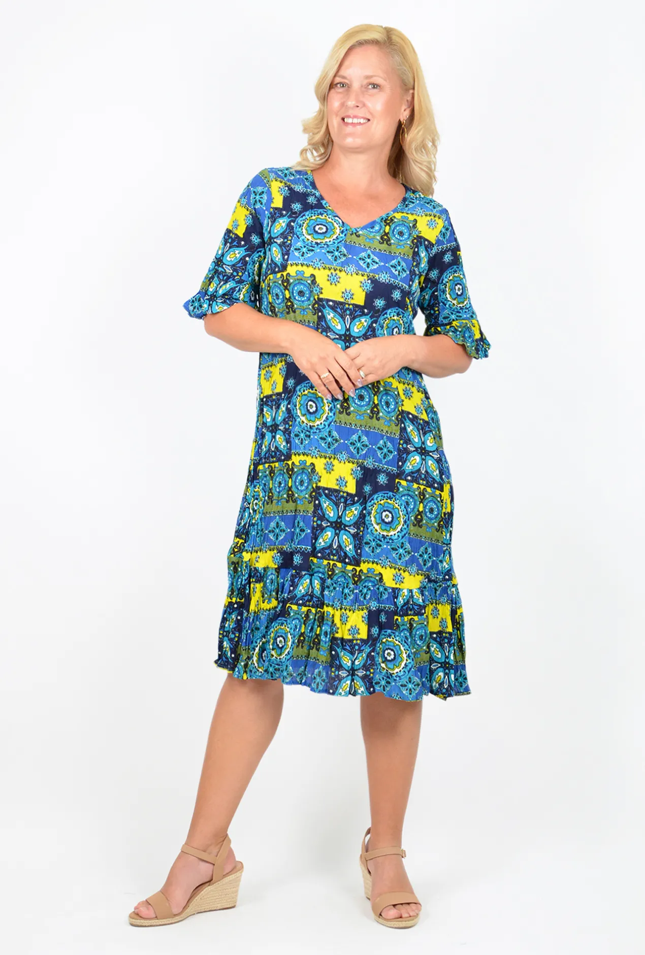 One Summer Stephy Short Sleeve Crepe Rayon Dress in Blue Multi- Knee Length Dresses | Short Sleeved Dresses