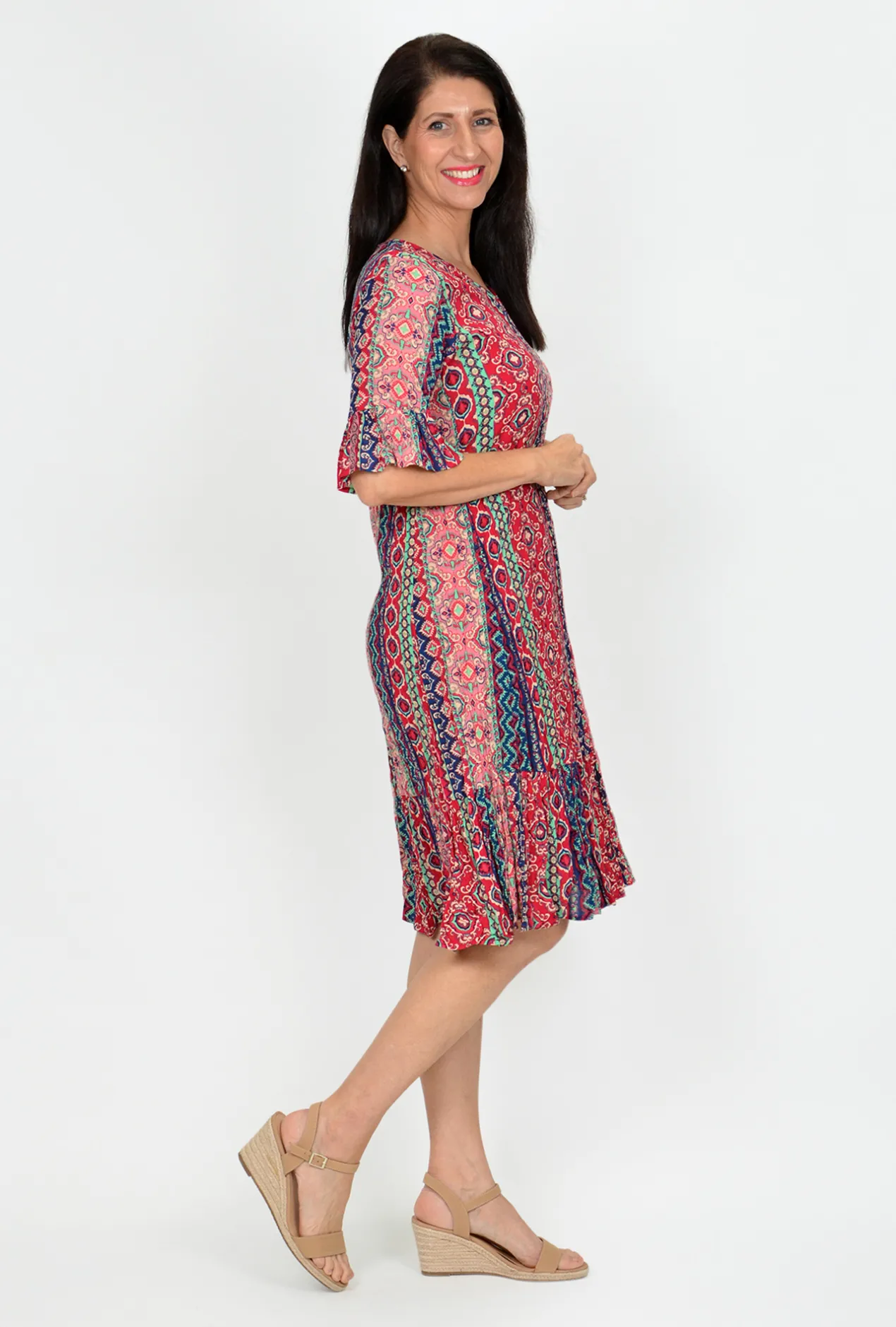 One Summer Stephy Short Sleeve Crepe Rayon Dress in Red Stripes- Knee Length Dresses | Short Sleeved Dresses