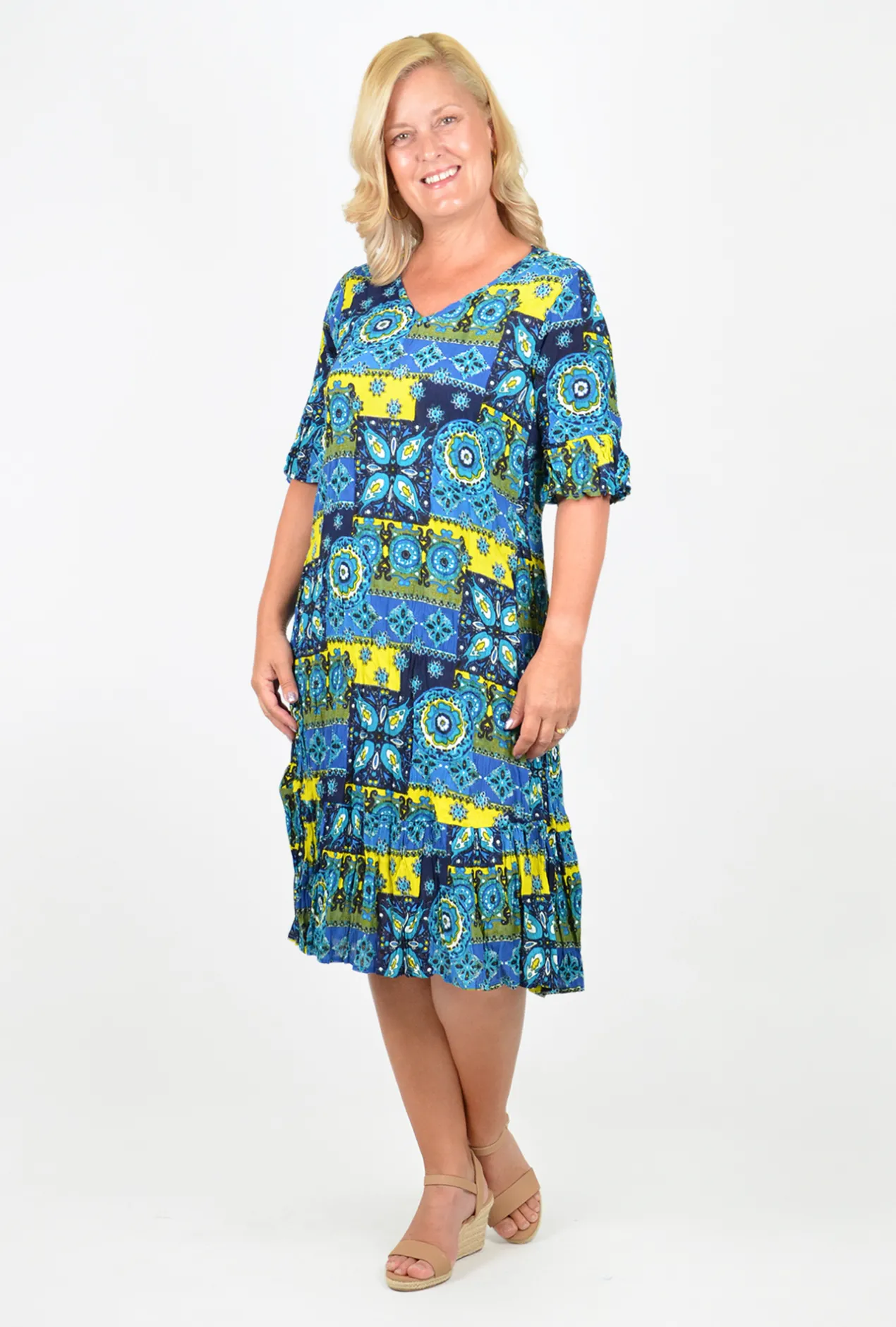 One Summer Stephy Short Sleeve Crepe Rayon Dress in Blue Multi- Knee Length Dresses | Short Sleeved Dresses