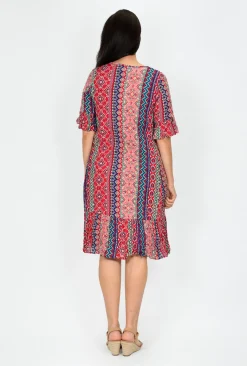 One Summer Stephy Short Sleeve Crepe Rayon Dress in Red Stripes- Knee Length Dresses | Short Sleeved Dresses