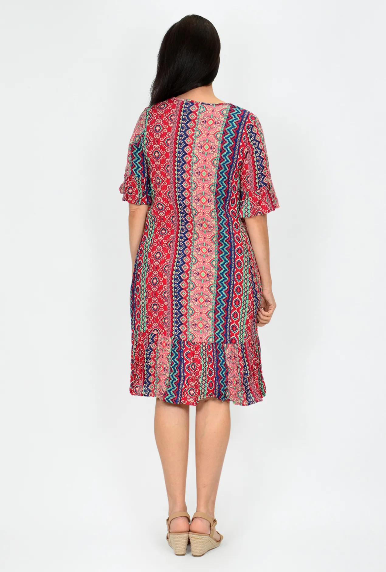 One Summer Stephy Short Sleeve Crepe Rayon Dress in Red Stripes- Knee Length Dresses | Short Sleeved Dresses