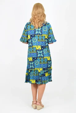 One Summer Stephy Short Sleeve Crepe Rayon Dress in Blue Multi- Knee Length Dresses | Short Sleeved Dresses