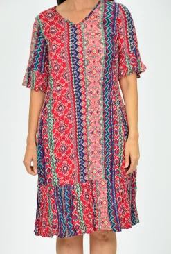 One Summer Stephy Short Sleeve Crepe Rayon Dress in Red Stripes- Knee Length Dresses | Short Sleeved Dresses