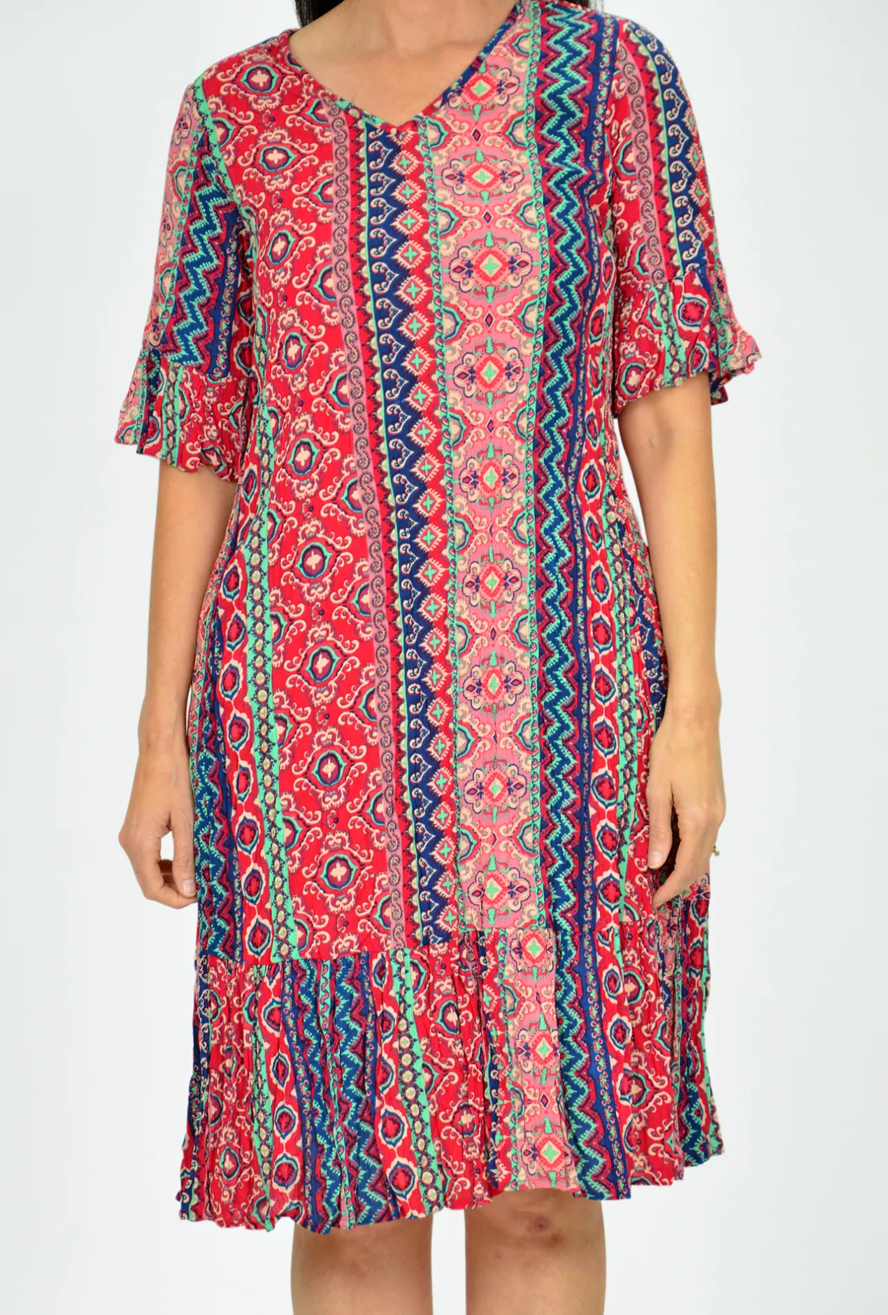 One Summer Stephy Short Sleeve Crepe Rayon Dress in Red Stripes- Knee Length Dresses | Short Sleeved Dresses