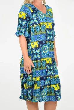 One Summer Stephy Short Sleeve Crepe Rayon Dress in Blue Multi- Knee Length Dresses | Short Sleeved Dresses