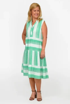 One Summer Sutton Sleeveless Tiered Dress in Jade Stripe- Knee Length Dresses | Sleeveless Dresses