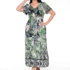 Orientique Suzanne Rayon Short Sleeve Maxi Dress in Green & Black- Short Sleeved Dresses | Maxi Dresses