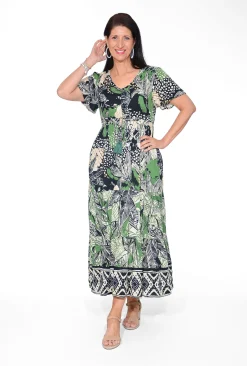 Orientique Suzanne Rayon Short Sleeve Maxi Dress in Green & Black- Short Sleeved Dresses | Maxi Dresses