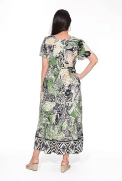 Orientique Suzanne Rayon Short Sleeve Maxi Dress in Green & Black- Short Sleeved Dresses | Maxi Dresses