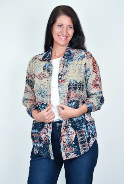 Orientique Tabbatha Long Sleeve Shirt in Blue Multi- Cotton Tops | Long Sleeved Tops