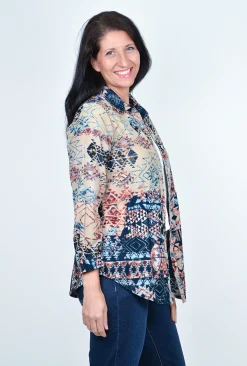 Orientique Tabbatha Long Sleeve Shirt in Blue Multi- Cotton Tops | Long Sleeved Tops