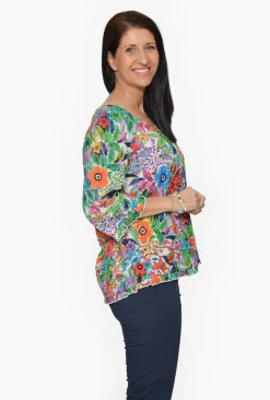 Orientique Tacey Cotton 3/4 Sleeve Blouse in Summer Garden- Organic Cotton Clothing | 3/4 Sleeve Tops