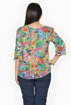 Orientique Tacey Cotton 3/4 Sleeve Blouse in Summer Garden- Organic Cotton Clothing | 3/4 Sleeve Tops