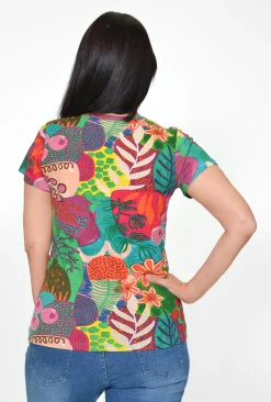 Orientique Talia Cotton Linen Blend V-Neck T-Shirt in Multi- Short Sleeve Tops | Sleeved Dress