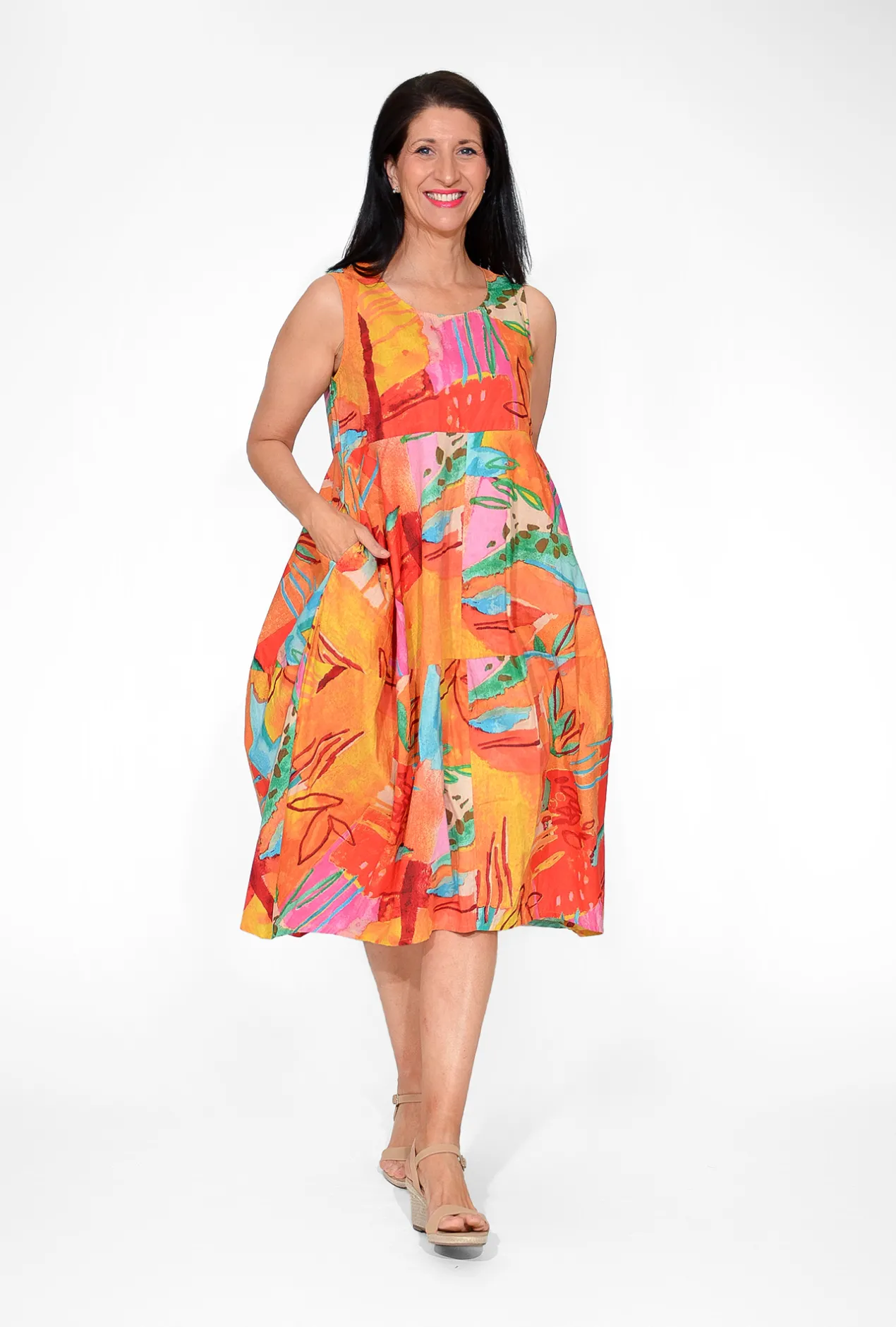 Orientique Tanee Crinkle Cotton Bubble Midi Dress in- Cotton Dresses | Knee Length Dresses