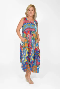 Orientique Tanee Crinkle Cotton Bubble Midi Dress in- Cotton Dresses | Sleeveless Dresses