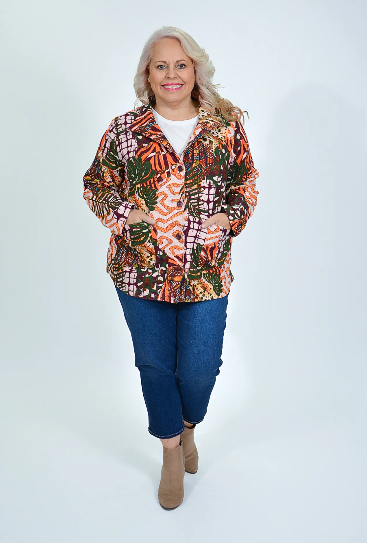 Orientique Tess Collar Jacket in Green Multi- Cotton Tops | Jackets