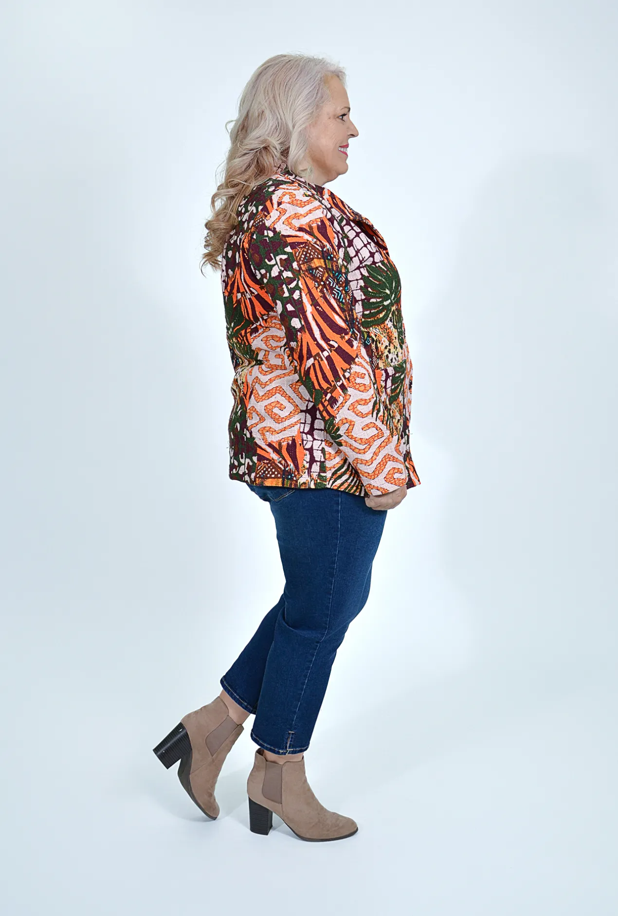 Orientique Tess Collar Jacket in Green Multi- Cotton Tops | Jackets