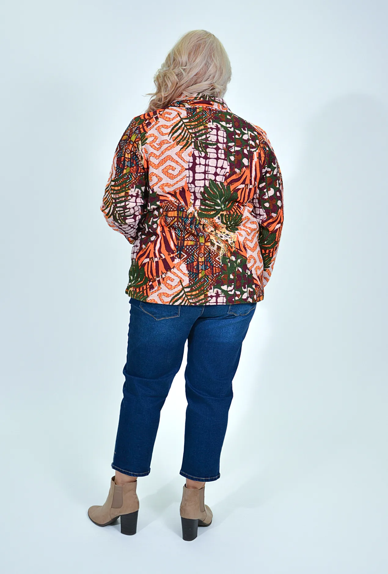 Orientique Tess Collar Jacket in Green Multi- Cotton Tops | Jackets