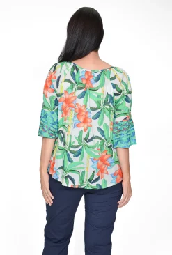 Escape Thalia Rayon 3/4 Sleeve Tassel Boho Top in Floral Green- 3/4 Sleeve Tops