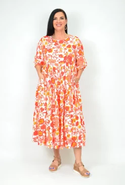New U Collection Tina Midi Dress in Flower Show Orange- Long Sleeved Dresses | Midi Dresses