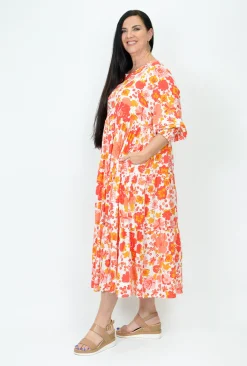 New U Collection Tina Midi Dress in Flower Show Orange- Long Sleeved Dresses | Midi Dresses