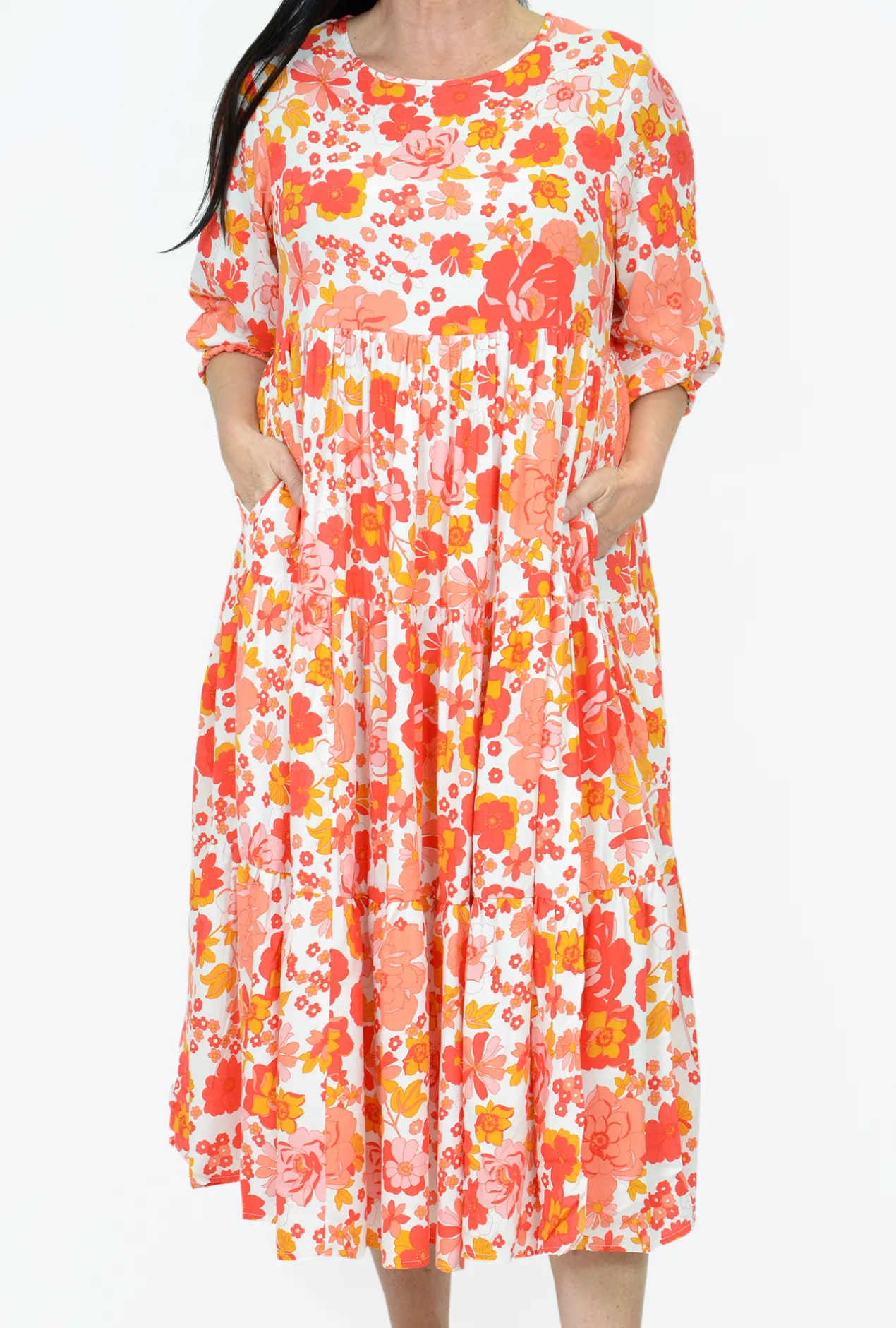 New U Collection Tina Midi Dress in Flower Show Orange- Long Sleeved Dresses | Midi Dresses