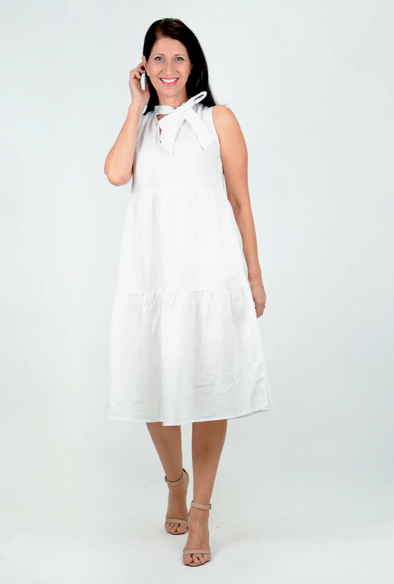 Sass Toni Linen Sleeveless Midi Dress in White- Sleeveless Dresses | Midi Dresses